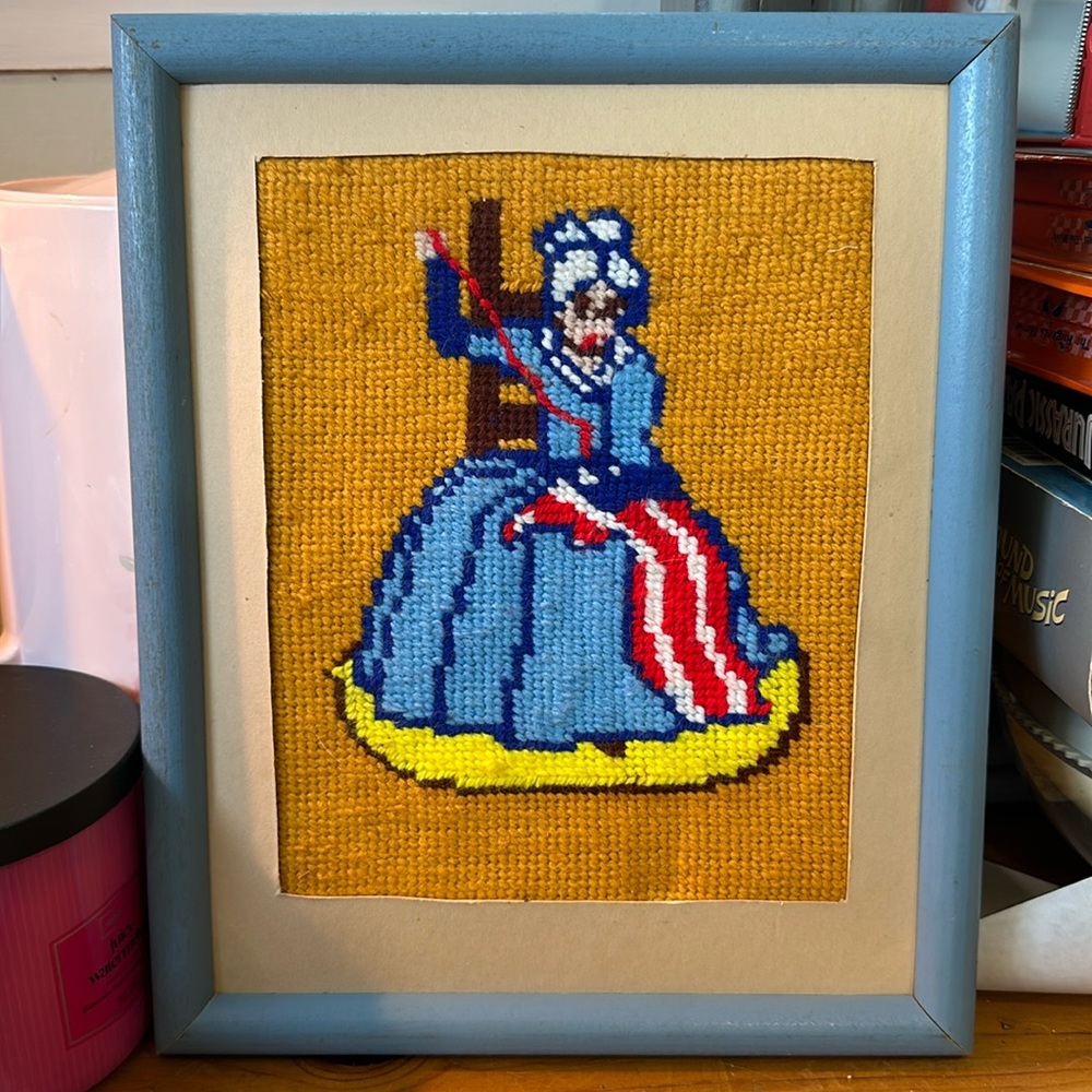 Vintage Needlepoint Wall Art with Blue Frame